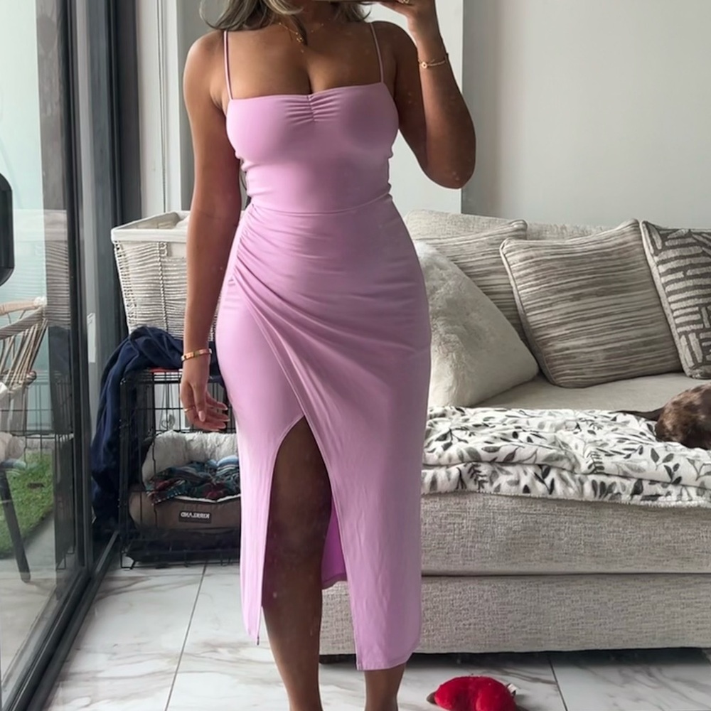 Wilfred Lilac Ruched Midi Dress with Thigh Slit